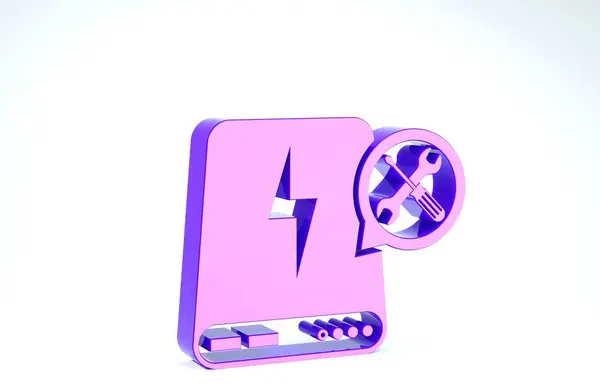 Purpurowy Power bank ze śrubokrętem i ikoną klucza na białym tle. Regulacja, serwis, ustawienie, konserwacja, naprawa, naprawa. Ilustracja 3d — Zdjęcie stockowe