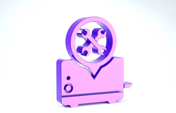 Фіолетовий тостер з викруткою та значком ключа ізольовані на білому тлі. Налаштування, обслуговування, налаштування, обслуговування, ремонт, виправлення. 3D ілюстрація 3D рендеринга — стокове фото