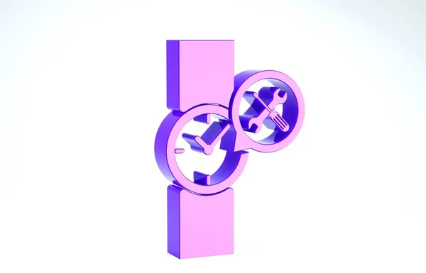 Reloj de pulsera púrpura con destornillador e icono de la llave inglesa aislado sobre fondo blanco. Ajuste, servicio, ajuste, mantenimiento, reparación, fijación. 3D ilustración 3D render —  Fotos de Stock