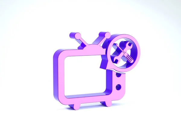 Tv púrpura con destornillador e icono de la llave inglesa aislado sobre fondo blanco. Ajuste, servicio, ajuste, mantenimiento, reparación, fijación. 3D ilustración 3D render —  Fotos de Stock