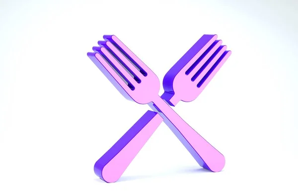 Фиолетовый крест вилка значок изолирован на белом фоне. Символ столовых приборов. 3D-рендеринг — стоковое фото