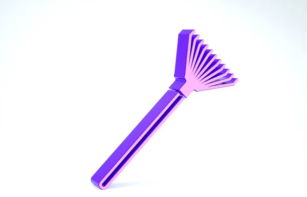 Purple Garden rake for leaves icon isolated on white background. Tool for horticulture, agriculture, farming. Ground cultivator. 3d illustration 3D render — Stock Photo, Image