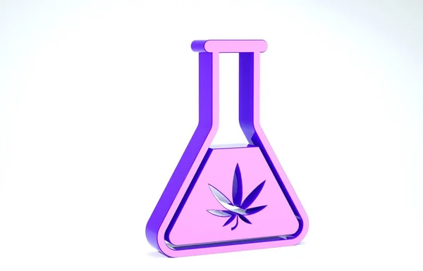 Purple Chemical provetta con marijuana o icona foglia di cannabis isolato su sfondo bianco. Concetto di ricerca. Concetto di olio di CBD di laboratorio. Illustrazione 3d rendering 3D — Foto Stock