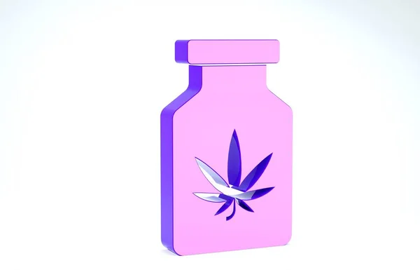 Lila orvosi palack marihuánával vagy kannabisz levél ikon elszigetelt fehér alapon. Kannabiszolaj kivonatok üvegekben. 3d illusztráció 3d render — Stock Fotó