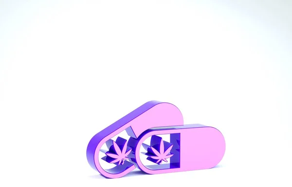 Pillole mediche viola con marijuana o icona di foglie di cannabis isolate su sfondo bianco. Falsificazione di estratti di olio di cannabis in barattoli. Illustrazione 3d rendering 3D — Foto Stock