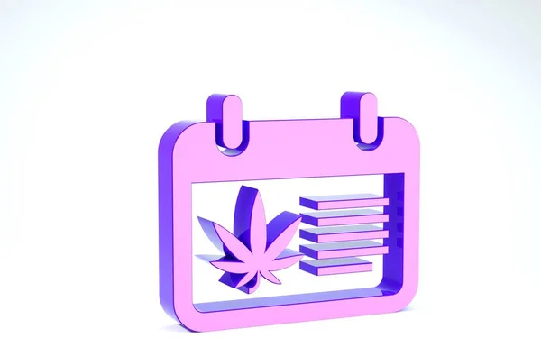Fioletowy Kalendarz i marihuana lub ikona liści marihuany izolowane na białym tle. Narodowy Dzień Zioła. Symbol konopi. Ilustracja 3d — Zdjęcie stockowe