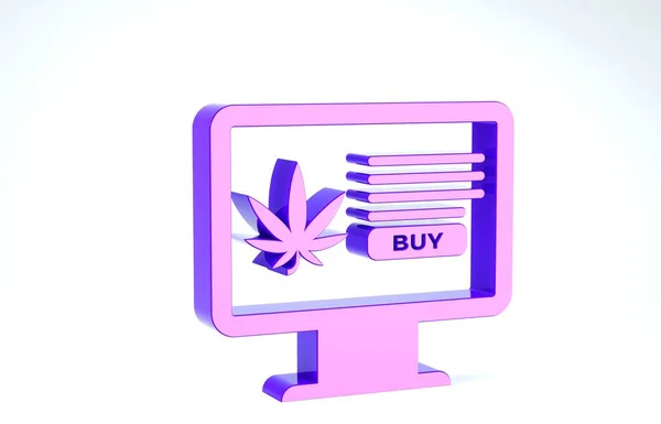 Monitor de computador roxo e maconha medicinal ou ícone de folha de cannabis isolado no fundo branco. Símbolo de compra online. Cesta de supermercado. 3D ilustração 3D render — Fotografia de Stock