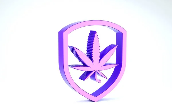 Fioletowa tarcza i marihuana lub ikona liści marihuany odizolowane na białym tle. Legalizacja marihuany. Symbol konopi. Ilustracja 3d — Zdjęcie stockowe