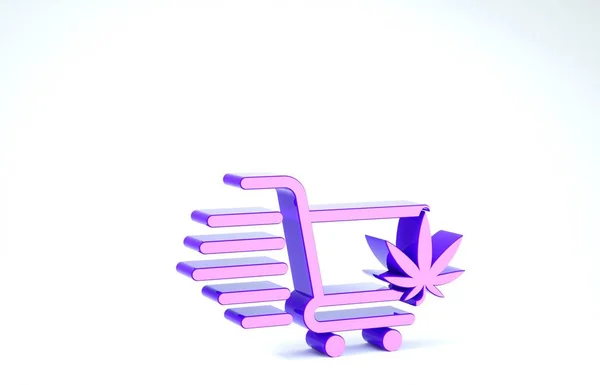 Purple Shopping cart with marijuana or cannabis leaf icon isolated on white background. Online buying. Delivery service. Supermarket basket. 3d illustration 3D render — Stock Photo, Image