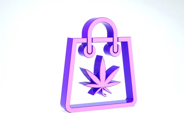 Fioletowy papierowy worek zakupów marihuany medycznej lub ikony liści konopi odizolowanych na białym tle. Kupuję marihuanę. Symbol konopi. Ilustracja 3d — Zdjęcie stockowe