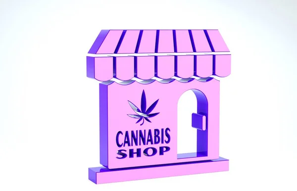 Ícone de loja de maconha e maconha roxa isolado no fundo branco. Equipamentos e acessórios para fumar, armazenar cannabis medicinal. 3D ilustração 3D render — Fotografia de Stock