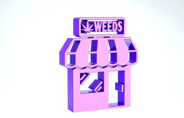 Ícone de loja de maconha e maconha roxa isolado no fundo branco. Equipamentos e acessórios para fumar, armazenar cannabis medicinal. 3D ilustração 3D render — Fotografia de Stock