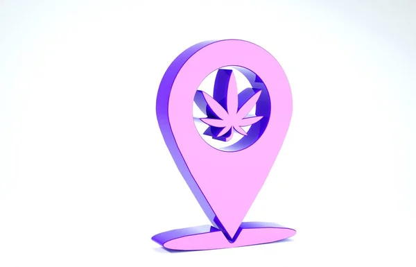 Ponteiro de mapa roxo e ícone de folha de maconha ou cannabis isolado no fundo branco. Símbolo de cânhamo. 3D ilustração 3D render — Fotografia de Stock