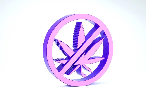 Fioletowy Stop marihuana lub ikona liści marihuany izolowane na białym tle. Żadnego palenia marihuany. Symbol konopi. Ilustracja 3d — Zdjęcie stockowe