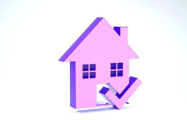 Lila Haus mit Häkchen Symbol isoliert auf weißem Hintergrund. Immobilienagentur oder Ferienhausstadt Eliteklasse. 3D Illustration 3D Renderer — Stockfoto