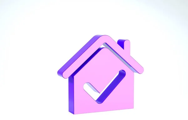 Casa púrpura con icono de marca de verificación aislado sobre fondo blanco. Agencia inmobiliaria o casa de campo clase elite ciudad. 3D ilustración 3D render — Foto de Stock