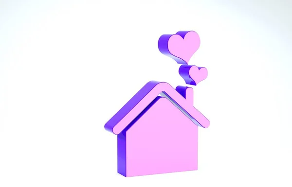 Casa púrpura con icono de forma de corazón aislado sobre fondo blanco. El símbolo del amor en casa. Familia, bienes raíces y bienes raíces. 3D ilustración 3D render —  Fotos de Stock