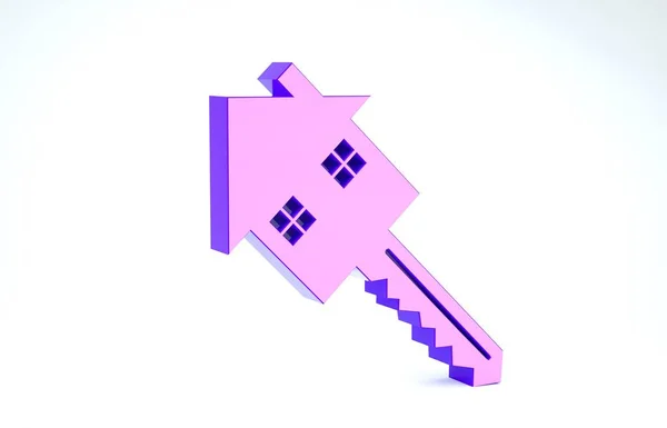Casa púrpura con icono clave aislado sobre fondo blanco. El concepto de llave en mano de la casa. 3D ilustración 3D render — Foto de Stock