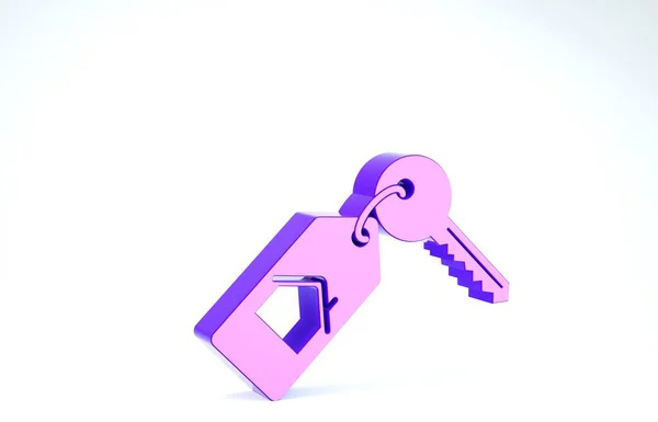 Casa viola con icona chiave isolata su sfondo bianco. Il concetto della casa chiavi in mano. Illustrazione 3d rendering 3D — Foto Stock