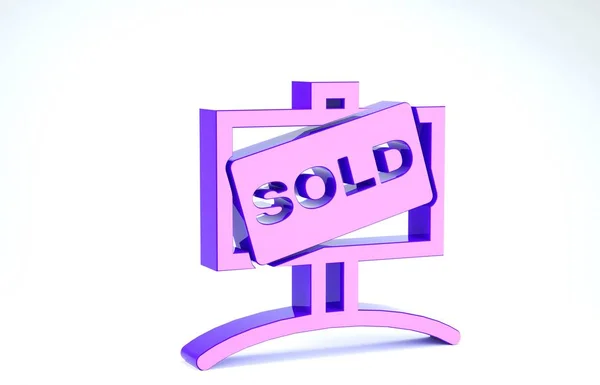 Фиолетовый висячий знак с текстом Продается значок изолирован на белом фоне. Продал наклейку. Продал вывеску. 3D-рендеринг — стоковое фото