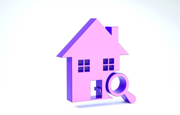 Purple Buscar icono de la casa aislado sobre fondo blanco. Símbolo inmobiliario de una casa bajo lupa. 3D ilustración 3D render — Foto de Stock