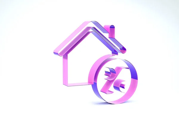 Lila Haus mit Percant Discount Tag Symbol isoliert auf weißem Hintergrund. Haus Prozentsatz Zeichen Preis. Immobilien zu Hause. Kredit Prozentsatz Symbol. 3D Illustration 3D Renderer — Stockfoto