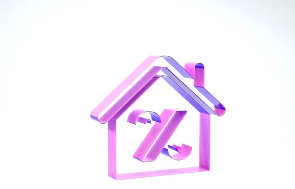 Purple House com ícone de tag de desconto percant isolado no fundo branco. Preço do sinal percentual da casa. Lar imobiliário. Símbolo de percentagem de crédito. 3D ilustração 3D render — Fotografia de Stock