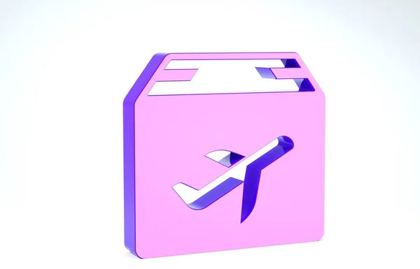Фіолетовий літак і картонна коробка значок ізольовані на білому тлі. Доставка, перевезення. Доставка вантажів літаком. Літак з посилками, коробками. 3D ілюстрація 3D рендеринга — стокове фото