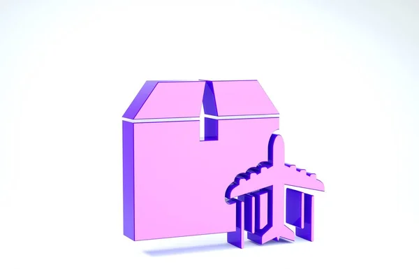 Фиолетовый Плоскость и значок картонной коробки изолированы на белом фоне. Доставка, транспорт. Доставка грузов по воздуху. Самолет с посылками, коробками. 3D-рендеринг — стоковое фото