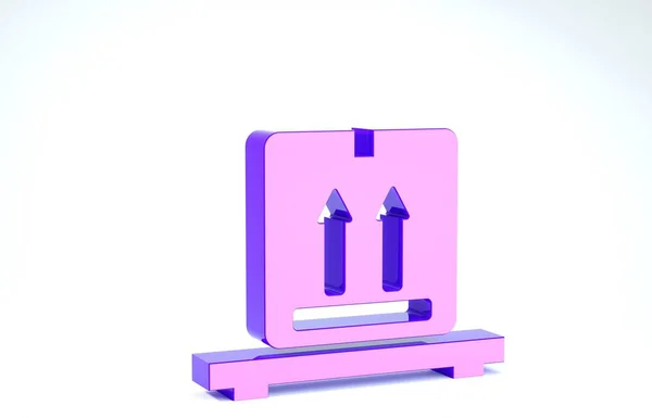 Cajas de cartón púrpura en el icono de la plataforma aislado sobre fondo blanco. Caja de embalaje de entrega de cartón cerrada con signos frágiles. 3D ilustración 3D render — Foto de Stock