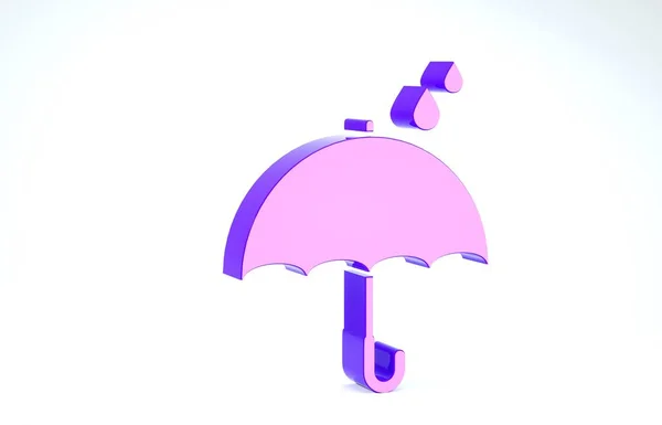 Фіолетова парасолька та піктограма крапель дощу ізольовані на білому тлі. Водонепроникний значок. Захист, безпека, концепція безпеки. Символ водостійкості. 3D ілюстрація 3D рендеринга — стокове фото