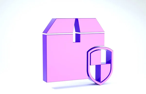 Фіолетовий пакунок доставки символ безпеки з значком щита ізольовано на білому тлі. Страхування доставки. Застраховані картонні коробки за щитом. 3D ілюстрація 3D рендеринга — стокове фото