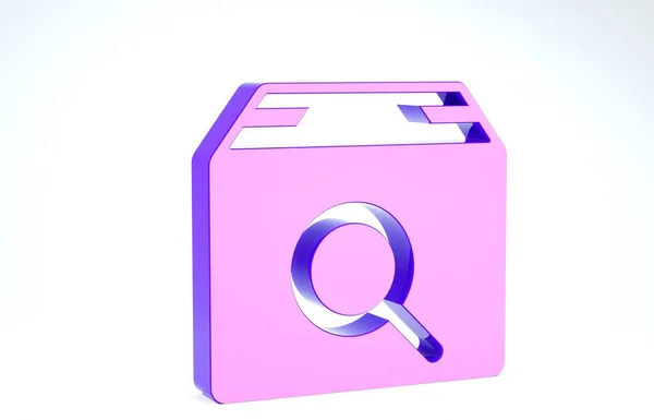 白の背景に隔離された紫の検索パッケージアイコン。小包追跡記号ガラスと段ボールの箱を拡大。物流と配送。3Dイラスト3Dレンダリング — ストック写真