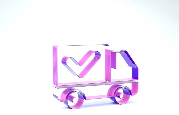 Purple Delivery truck with check mark icon isolated on white background. 3d illustration 3D render — Stock Photo, Image