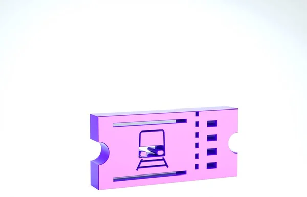 白の背景に隔離された紫の列車のチケットアイコン。鉄道で旅行する。3Dイラスト3Dレンダリング — ストック写真