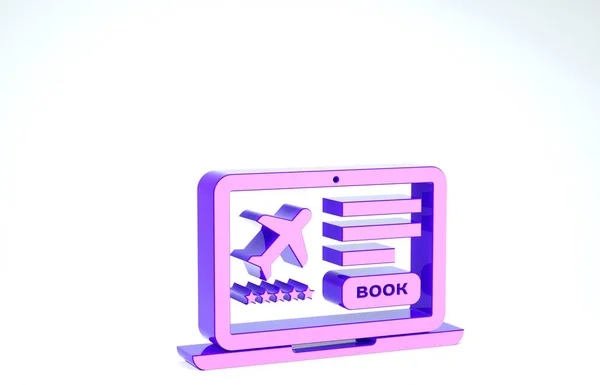 Laptop púrpura con tarjeta de embarque electrónica icono de billete de avión aislado sobre fondo blanco. Pasajero billete de avión móvil para web y aplicación. 3D ilustración 3D render — Foto de Stock