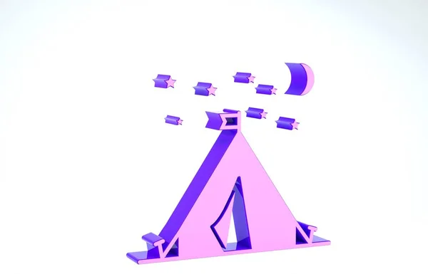 Tenda turistica viola con icona della bandiera isolata su sfondo bianco. Simbolo campeggio. Illustrazione 3d rendering 3D — Foto Stock