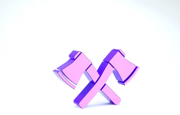 白の背景に分離された紫のクロス木製の斧アイコン。ルンベルジャック斧。3Dイラスト3Dレンダリング — ストック写真