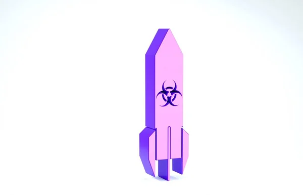 白い背景に分離された紫色のバイオハザードロケットのアイコン。ロケット爆弾が飛ぶ。3Dイラスト3Dレンダリング — ストック写真