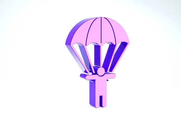 紫色降落伞和轮廓人物形象孤立在白色背景。 3d说明3d — 图库照片