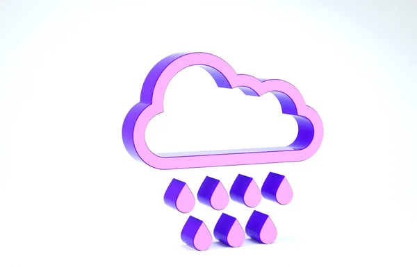 Purple Cloud with rain icon isolated on white background. Rain cloud precipitation with rain drops. 3d illustration 3D render — ストック写真
