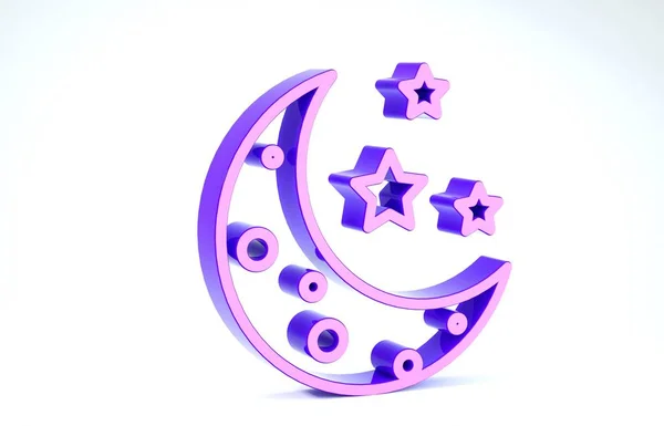Lune violette et étoiles icône isolée sur fond blanc. Illustration 3D rendu 3D — Photo