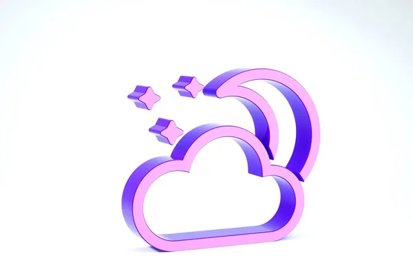 Purple Cloud with moon and stars icon isolated on white background. Cloudy night sign. Sleep dreams symbol. Night or bed time sign. 3d illustration 3D render — ストック写真