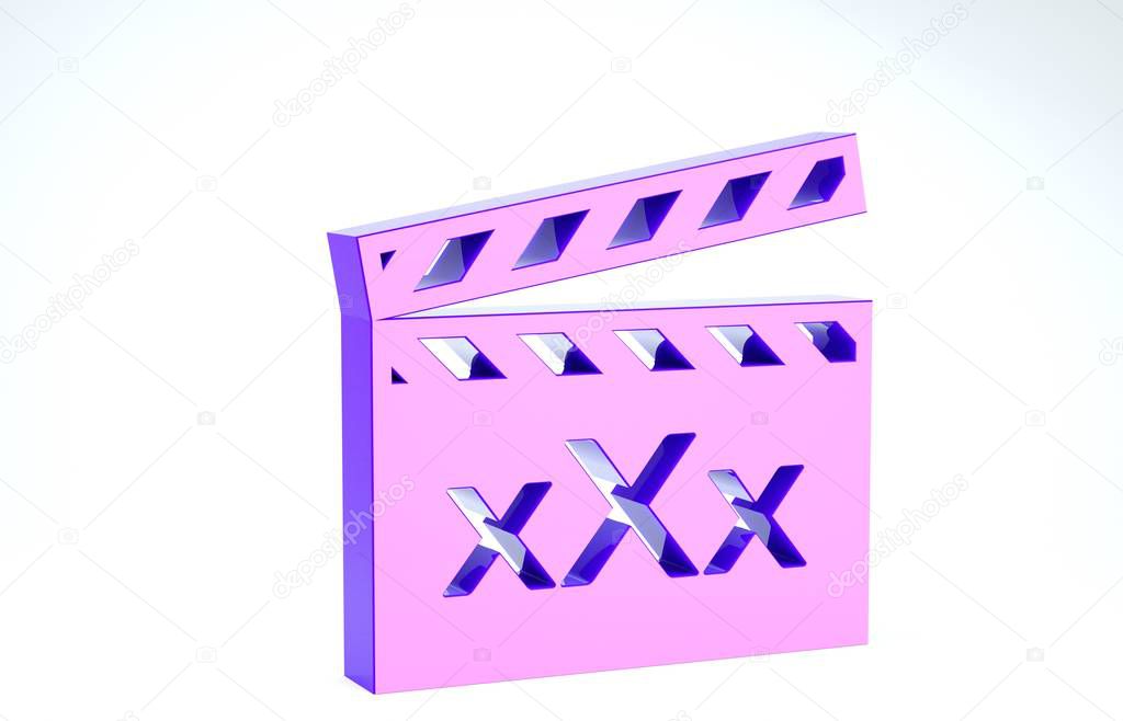 Purple Movie clapper with inscription XXX icon isolated on white background. Age restriction symbol. 18 plus content sign. Adult channel. 3d illustration 3D render