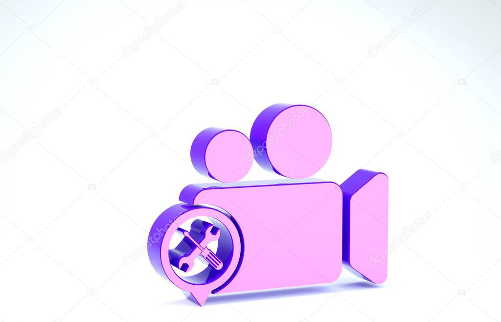 Purple Video camera with screwdriver and wrench icon isolated on white background. Adjusting, service, setting, maintenance, repair, fixing. 3d illustration 3D render