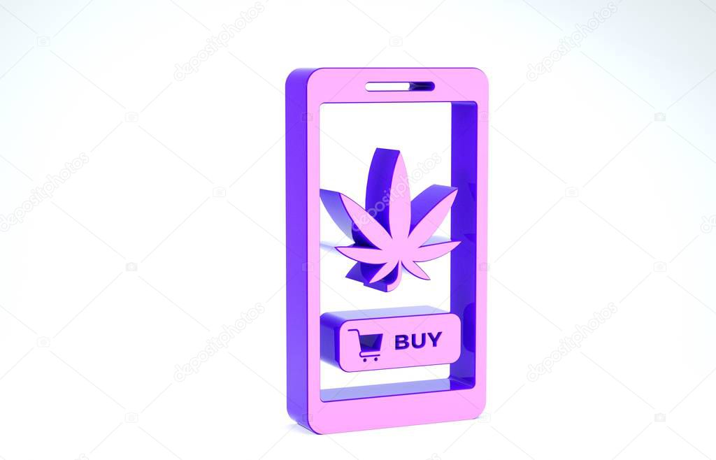 Purple Mobile phone and medical marijuana or cannabis leaf icon isolated on white background. Online buying symbol. Supermarket basket. 3d illustration 3D render