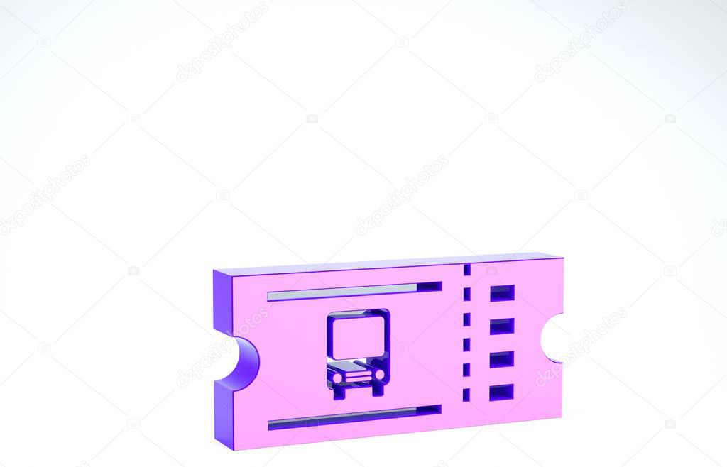 Purple Bus ticket icon isolated on white background. Public transport ticket. 3d illustration 3D render