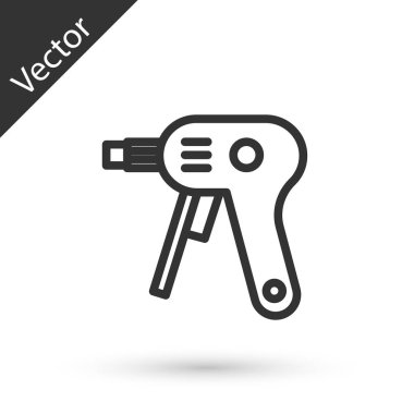 Gri çizgi elektrikli yapıştırıcı tabancası ikonu beyaz arkaplanda izole edildi. Sıcak tabanca yapıştırıcısı. Sıcak tamir aletleri silikon. Vektör İllüstrasyonu