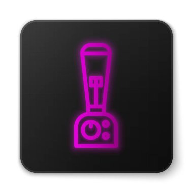 Parlayan neon hattı karıştırıcı simgesi beyaz arkaplanda izole edildi. Mutfak elektrikli kırıcı ve kase. Meyve suyu, kokteyl ya da meyve suyu. Siyah kare düğme. Vektör İllüstrasyonu