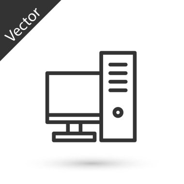 Gri çizgi bilgisayar monitörü simgesi beyaz arkaplanda izole edildi. Bilgisayar bileşeni işareti. Vektör İllüstrasyonu